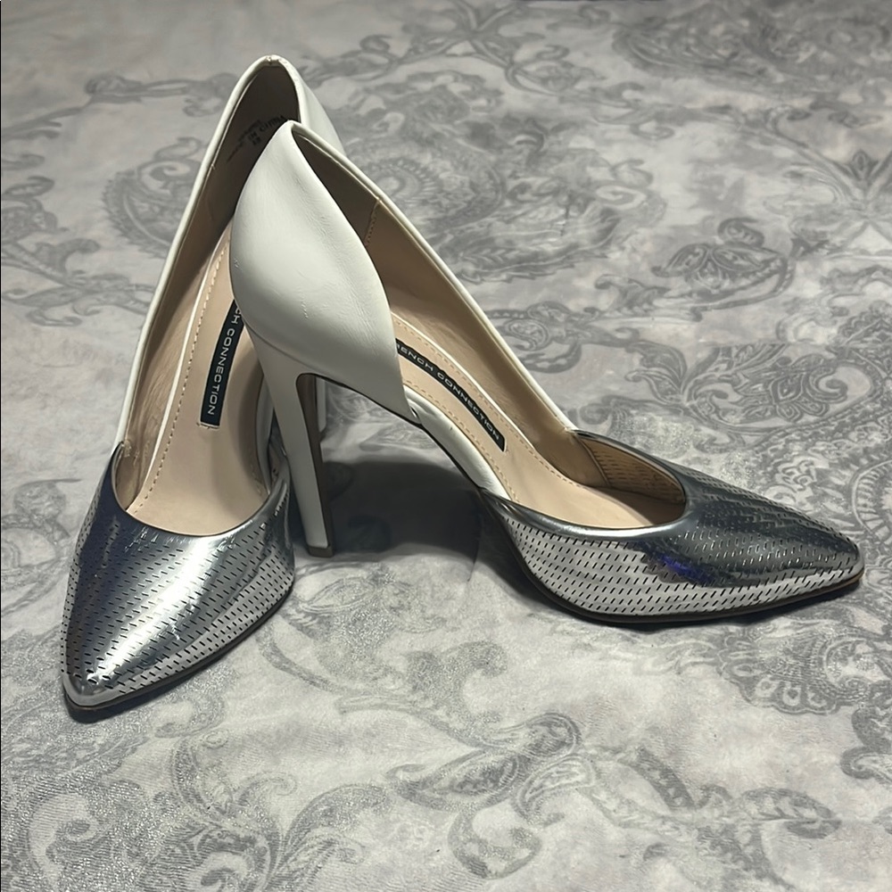 French Connection Silver and White Heels with Sophisticated Design